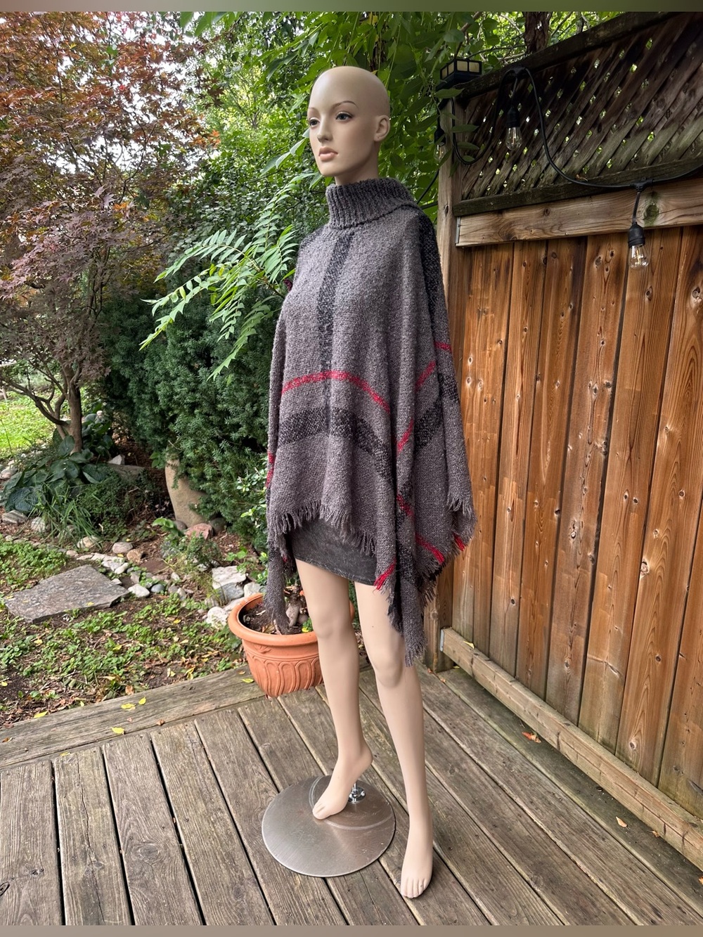 Gray Turtleneck Fringe Poncho Sweater with Red Accents